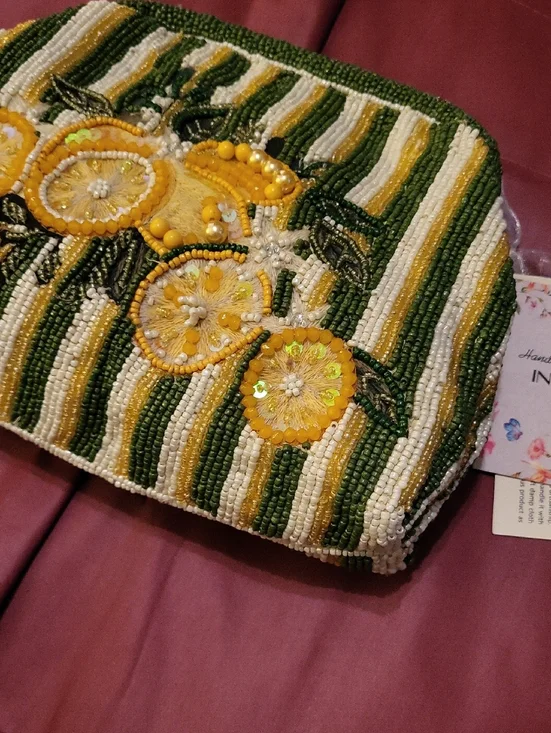 Handcrafted In India Beaded Lemon Clutch in Yellow, Green & White Rt Eh - Picture 2 of 4